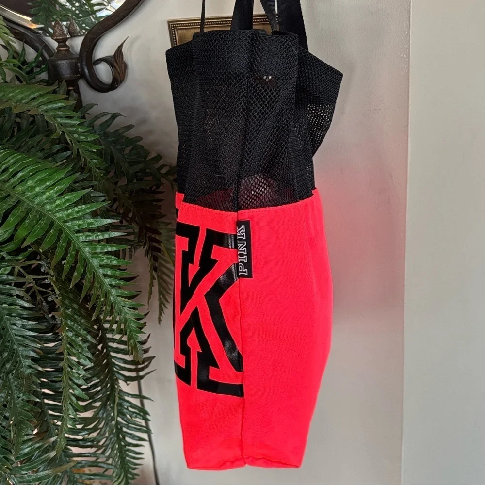 PINK Victoria's Secret Neon Coral & Black Mesh Beach Tote Bag Graphic Logo Y2K